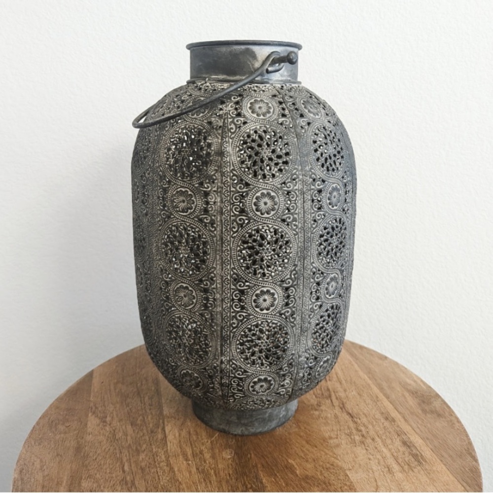 Anthropologie Tall Ornate Metal Filigree Lantern Vase Silver Grey 14 inch